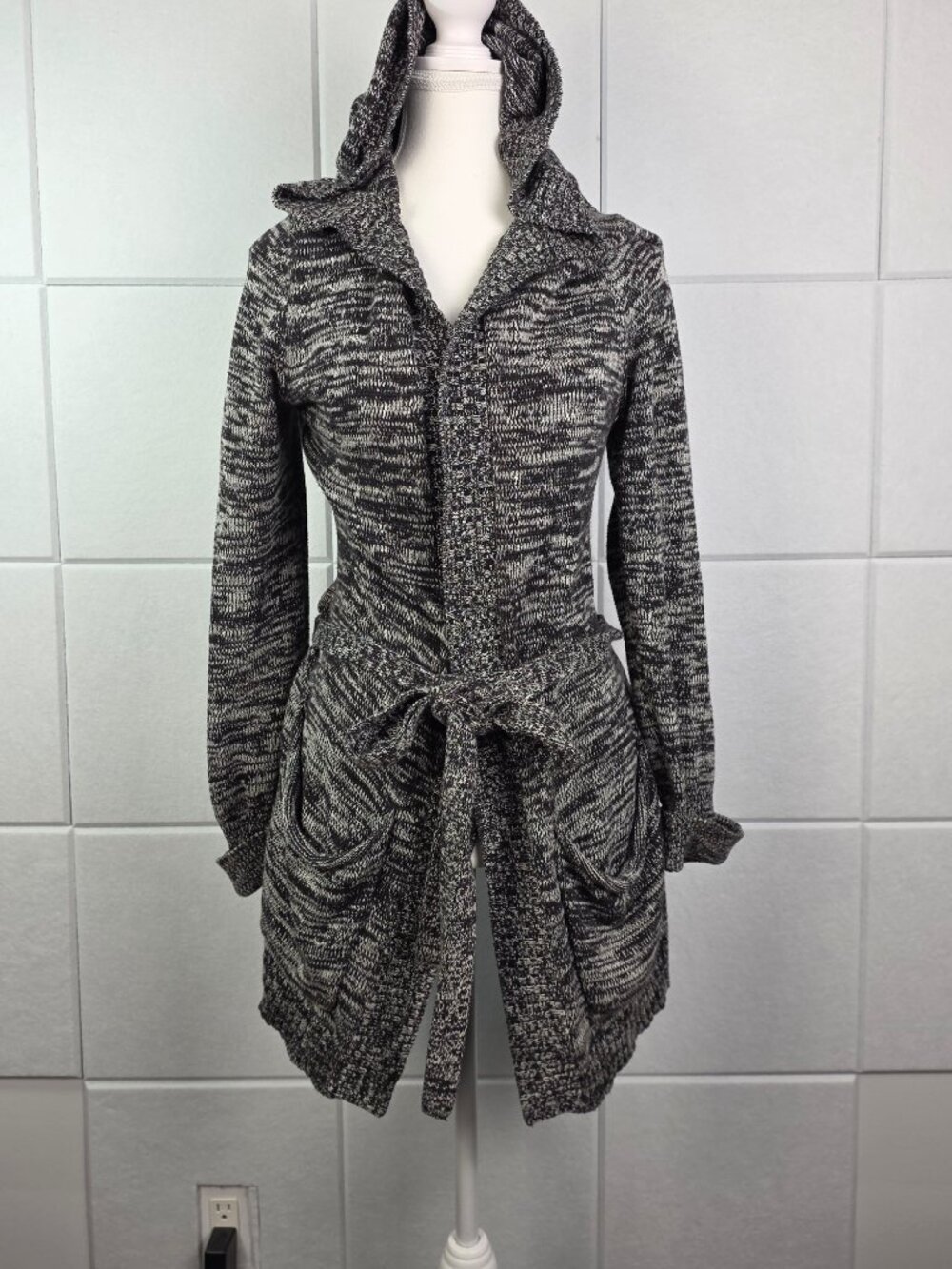 Roxy Hooded Open Front, Tie Waist Cardigan Sweater XL Black White Marled - Picture 2 of 8